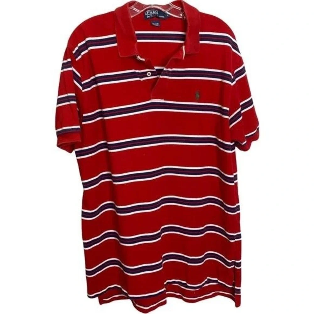 Polo Ralph Lauren Mens Red Striped Short Sleeve Cotton‎ Pique Polo Shirt Large